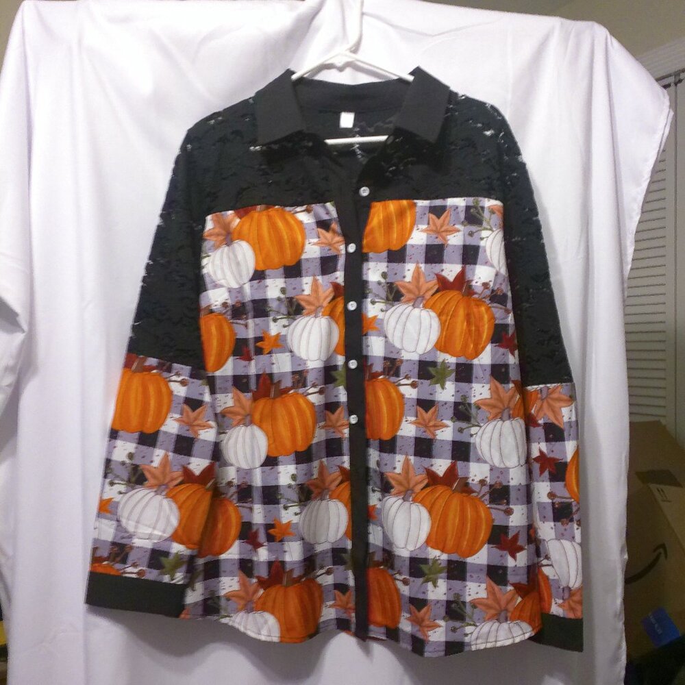 Unbranded Womens Fall Pumpkin Halloween Long Sleeve Lace Button Casual Shirt XL